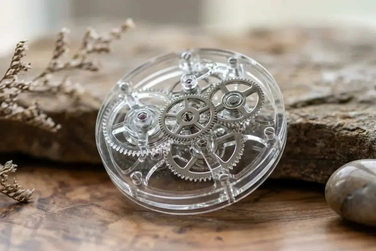 Mécanisme horloger en cristal symbolisant la définition de l'horodatage