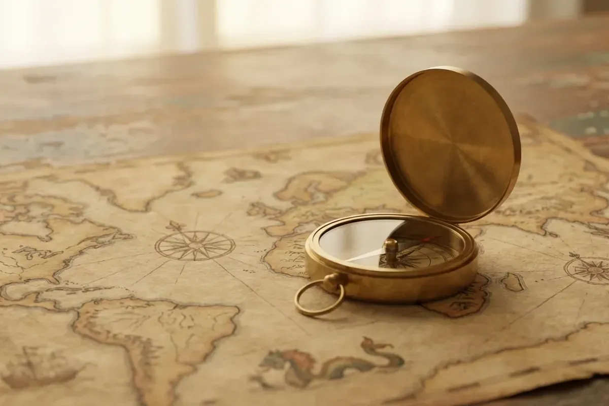 Boussole sur carte ancienne symbolisant les guides pratiques