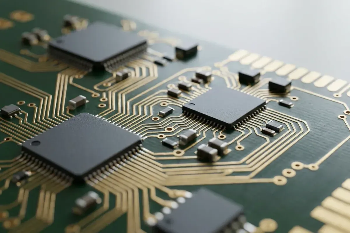 Circuit imprimé doré illustrant la technologie blockchain